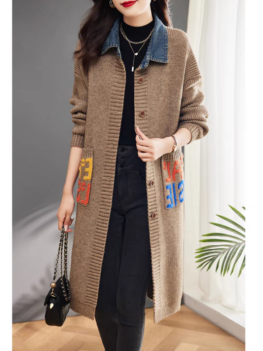 Letter Knit Long Cardigan Sweater 3072#